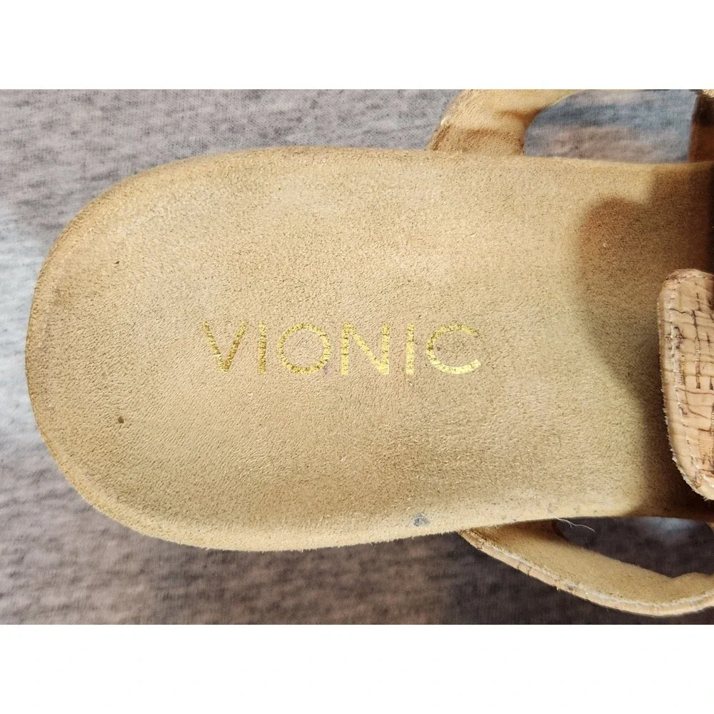 Vionic Wedge Sandals Womens 5 Tan Cork Metallic Gold Studded Strappy Slide